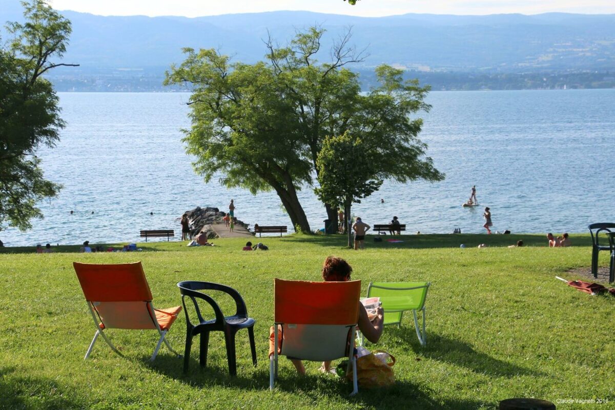 Plage de Messery on Lake Geneva — grassy picnic beach facing Nyon