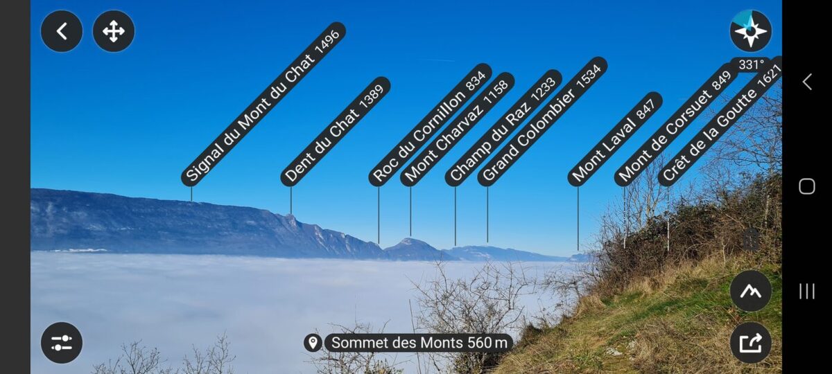 PeakFinder app identifying Alpine summits on a smartphone screen