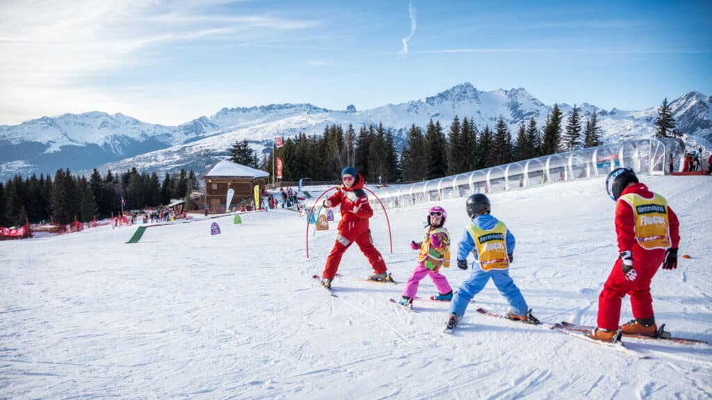Beginner ski area at Les Arcs — ESF ski school lessons on gentle terrain