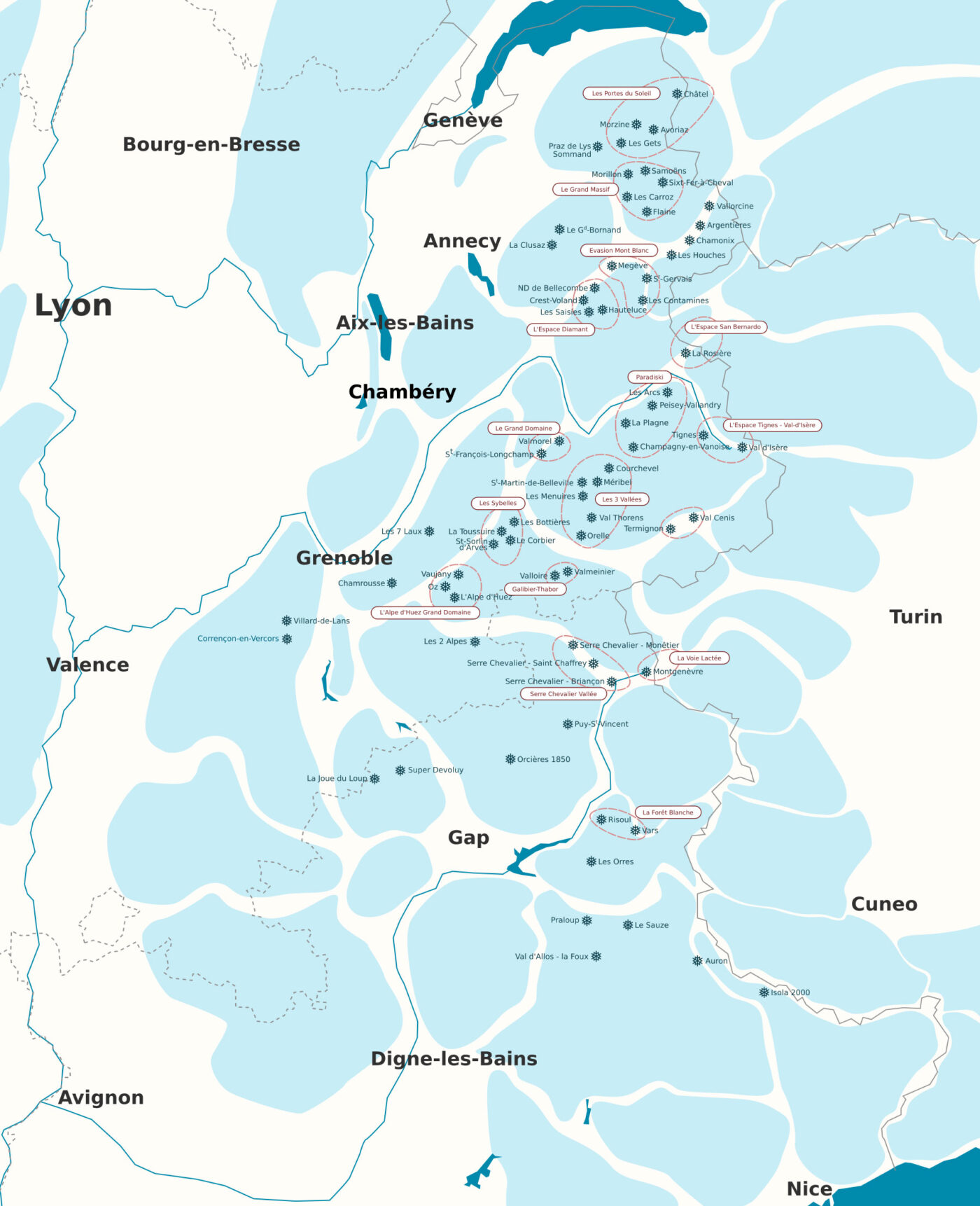 Map of the large and very large resorts in the Alps in 2025