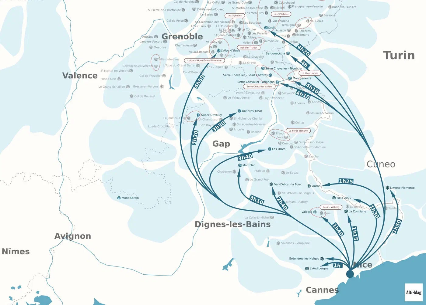 Map of ski resorts near Nice and the French Riviera