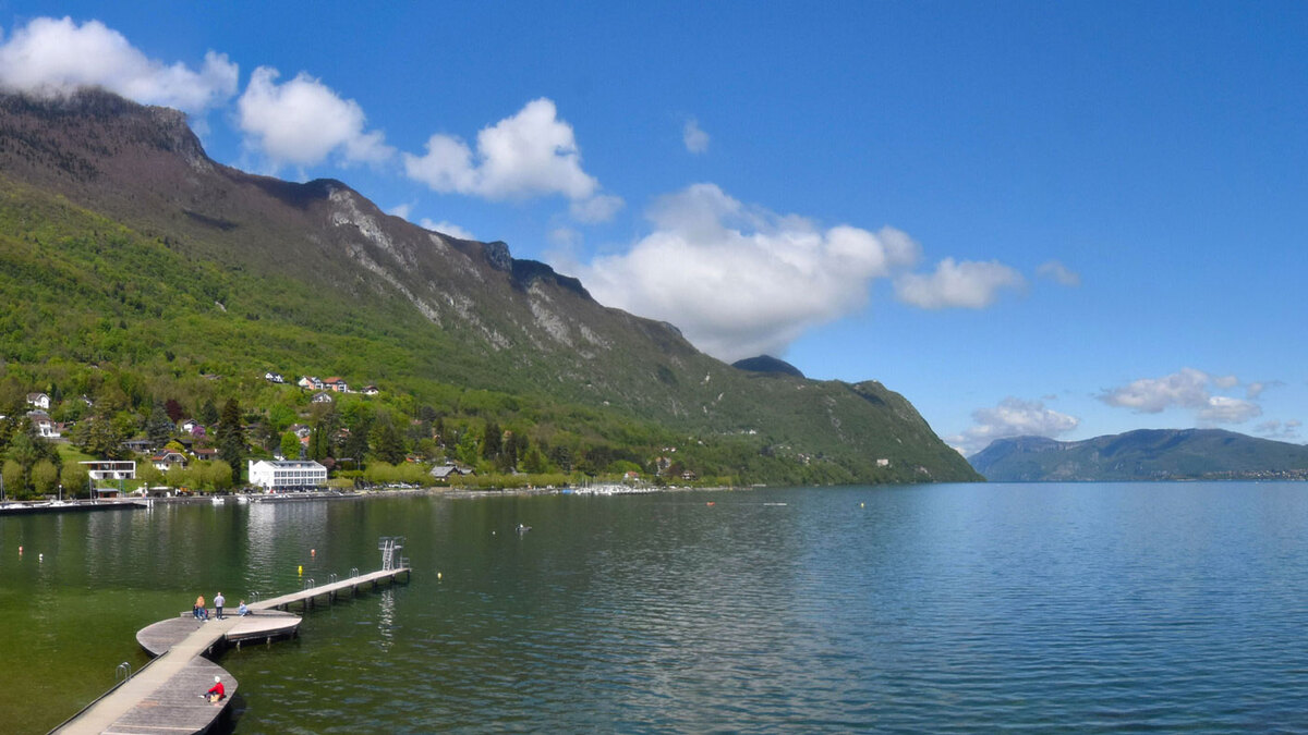 Lac du Bourget in April — France's largest natural lake with snow-capped backdrop