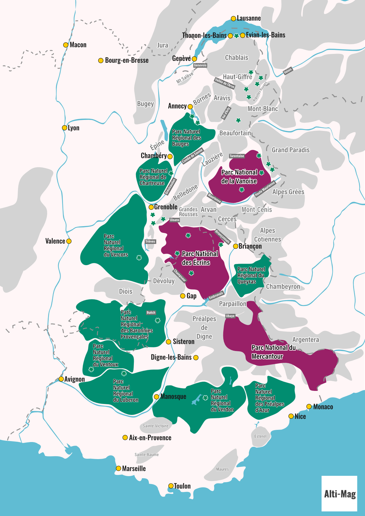 Map of national parks, regional nature parks and nature reserves in the French Alps